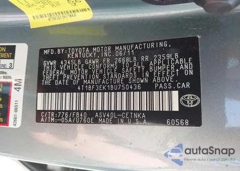 2011 Toyota Camry Le from USA, damaged, VIN 4T1BF3EK1BU750436